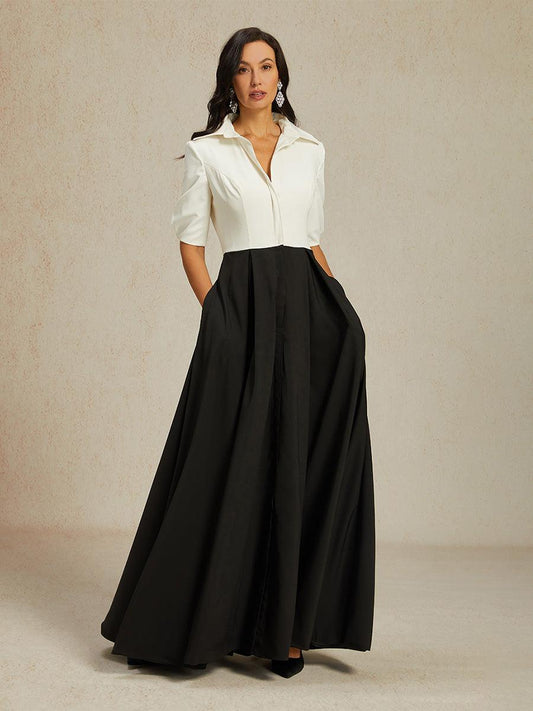 Black & White Maxi Dress with Shirt Collar