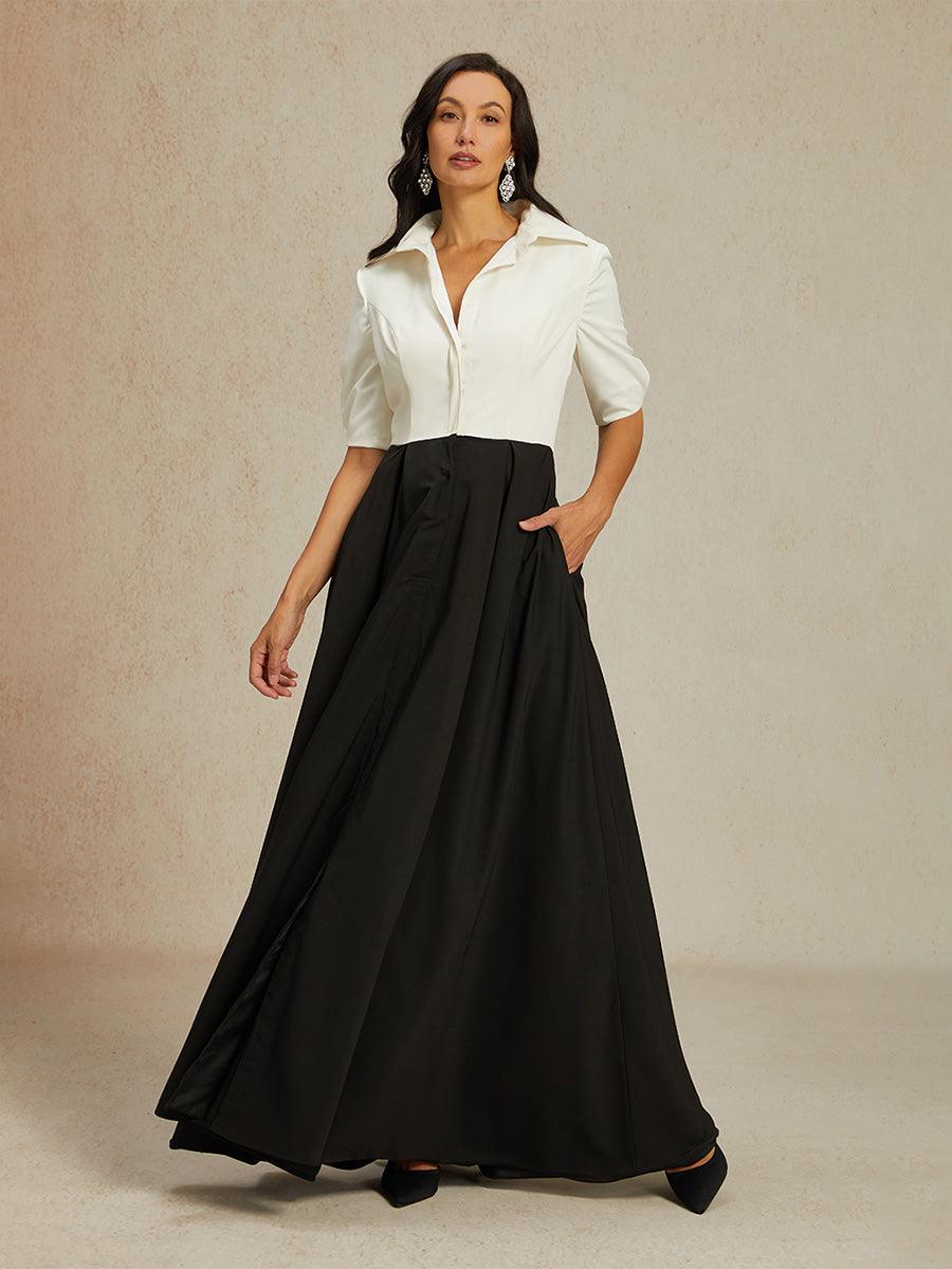 Black & White Maxi Dress with Shirt Collar