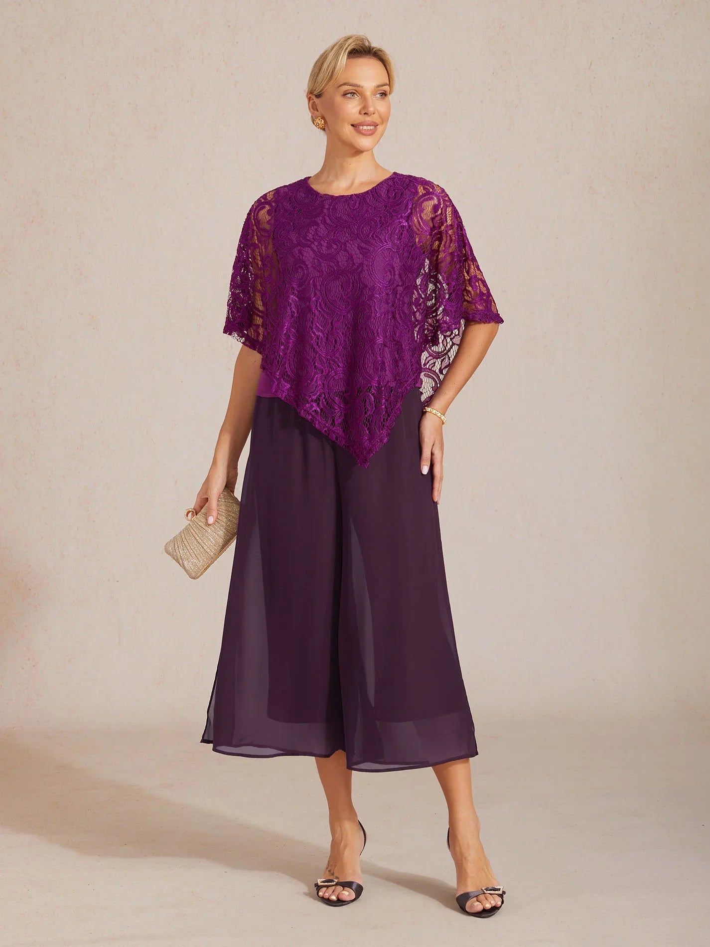 Cropped Length Straight Leg Pant With Chiffon Split Leg Overlay
