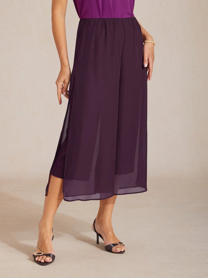 Cropped Length Straight Leg Pant With Chiffon Split Leg Overlay