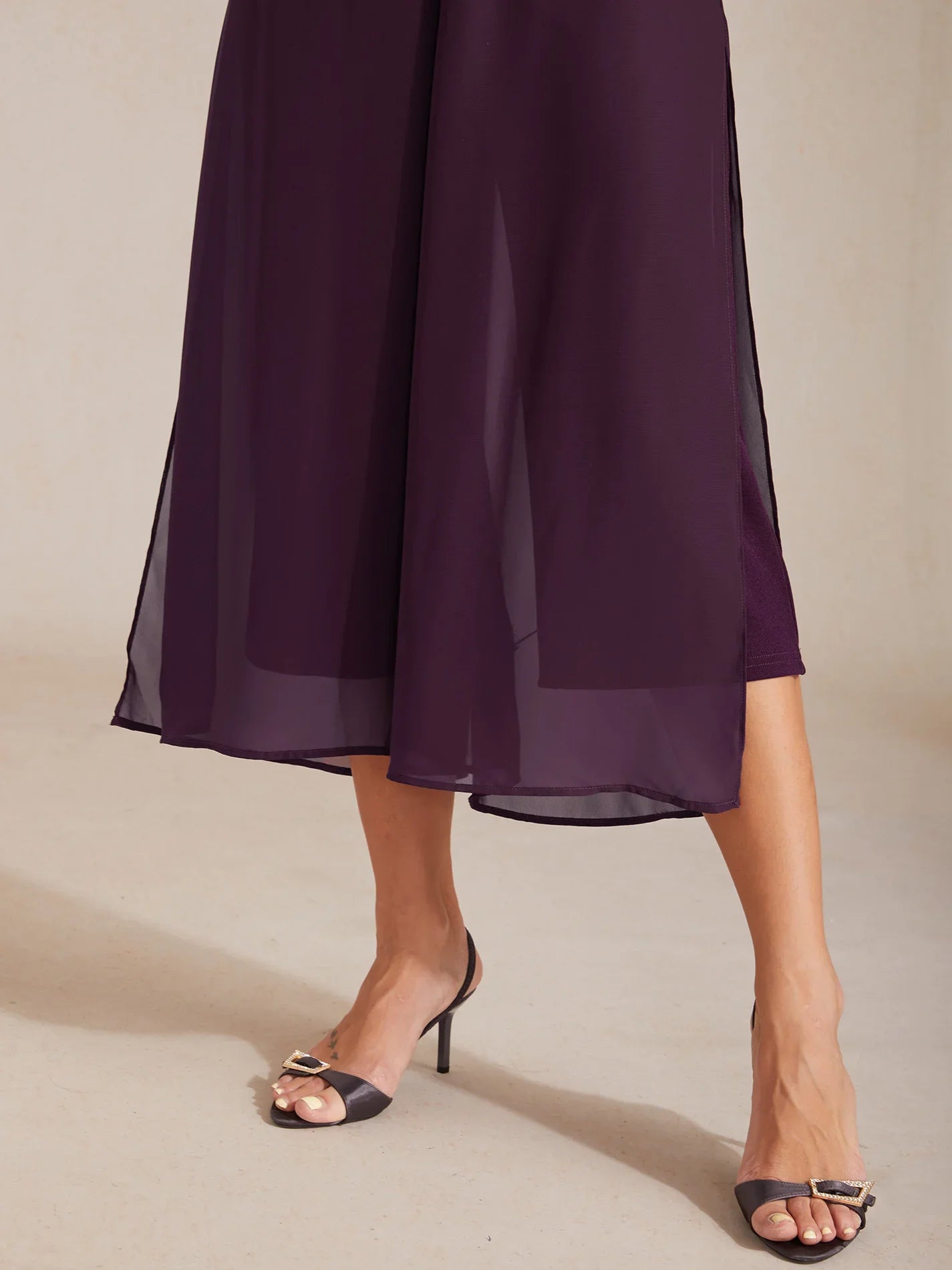 Cropped Length Straight Leg Pant With Chiffon Split Leg Overlay