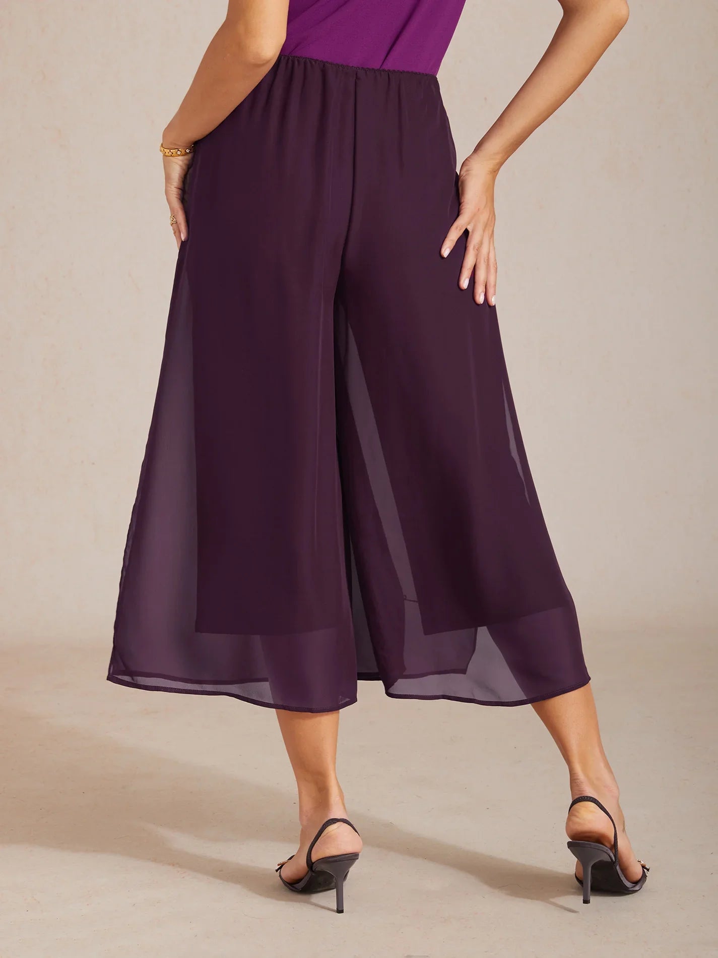 Cropped Length Straight Leg Pant With Chiffon Split Leg Overlay