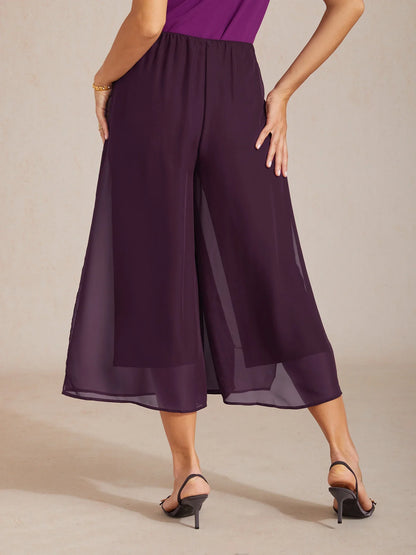 Cropped Length Straight Leg Pant With Chiffon Split Leg Overlay