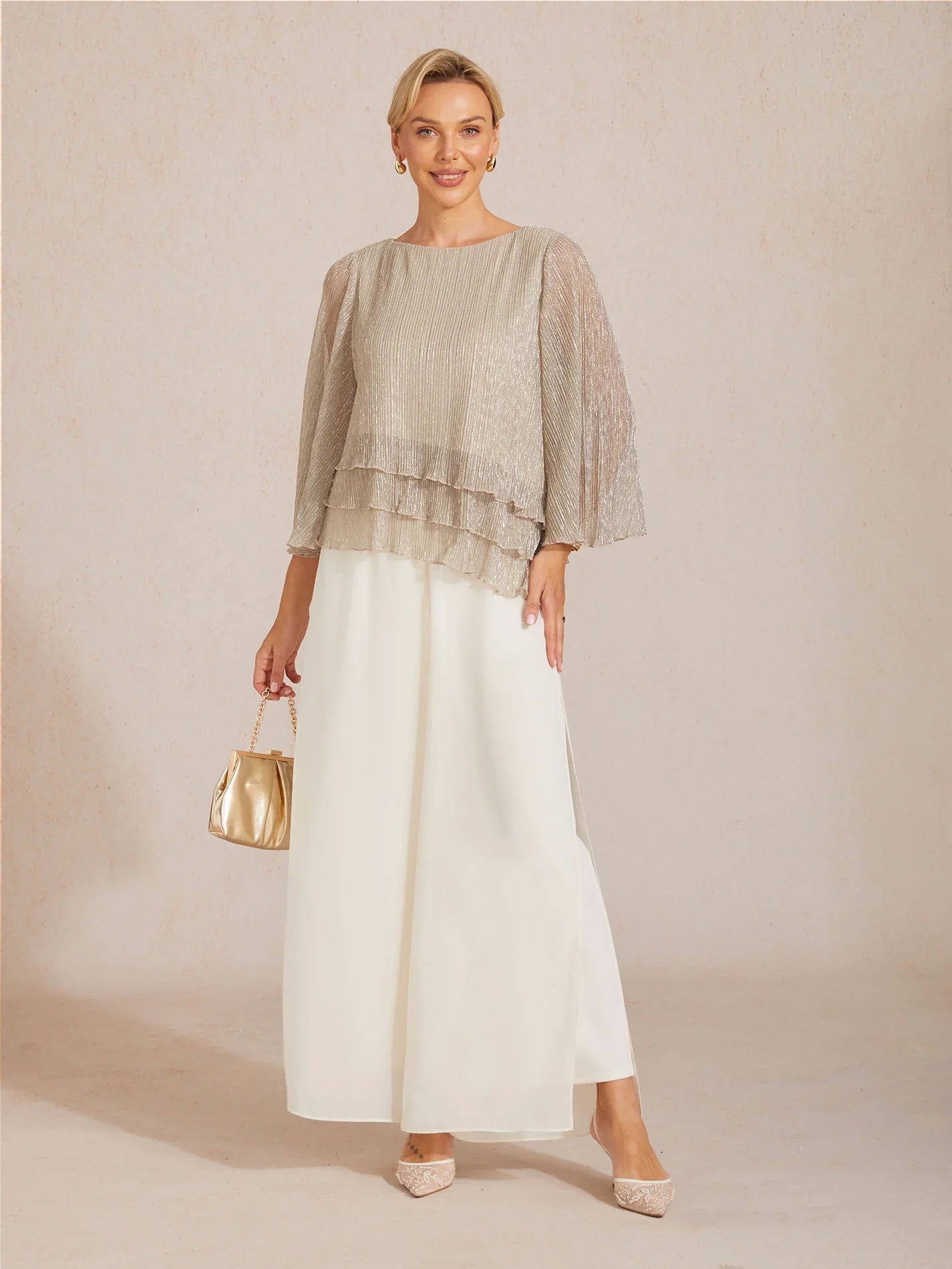 Metallic Pleated Chiffon Asymmetrical Layered Blouse