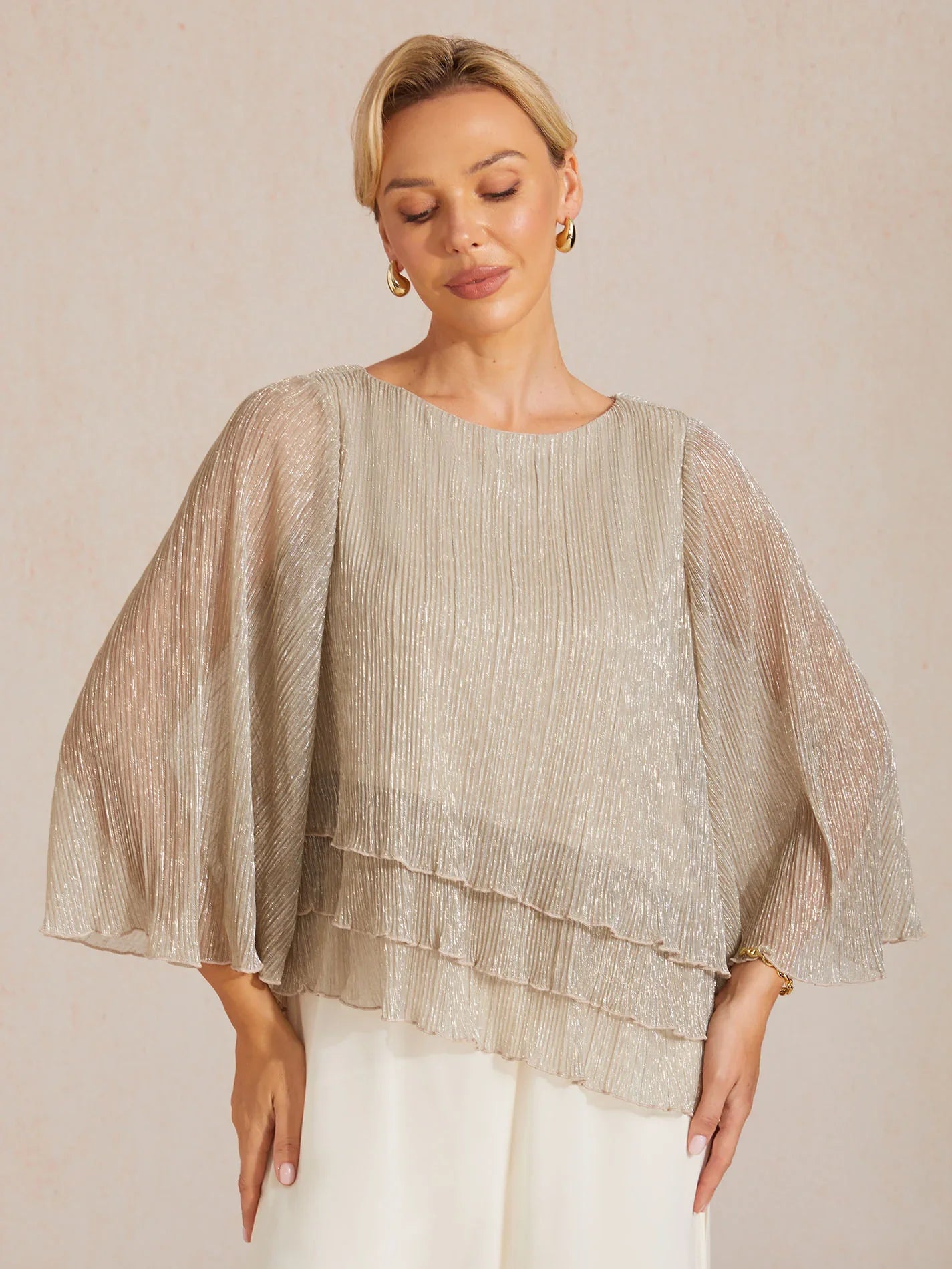 Metallic Pleated Chiffon Asymmetrical Layered Blouse