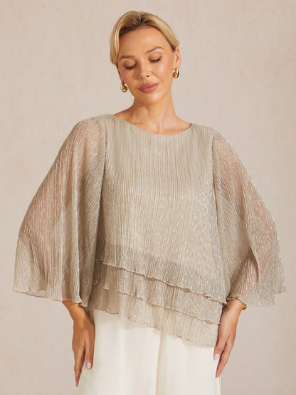 Metallic Pleated Chiffon Asymmetrical Layered Blouse
