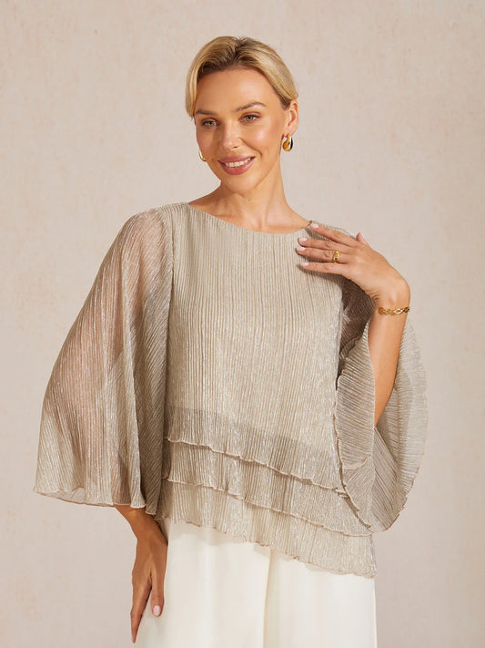 Metallische Geplooide Chiffon Asymmetrische Gelaagde Blouse