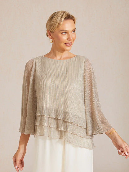 Metallic Pleated Chiffon Asymmetrical Layered Blouse