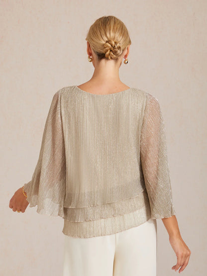 Metallic Pleated Chiffon Asymmetrical Layered Blouse