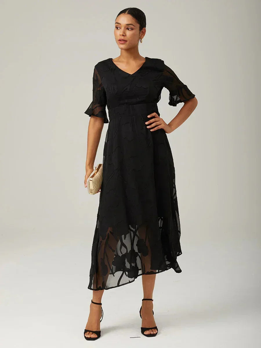 lace up ruffle maxi dress Lace Midi Dress Semi Sheer Floral Formal Navy Blue Black Green V Neck Short Flare Sleeve Wedding Guest Cocktail Party Over 50, Black / XL