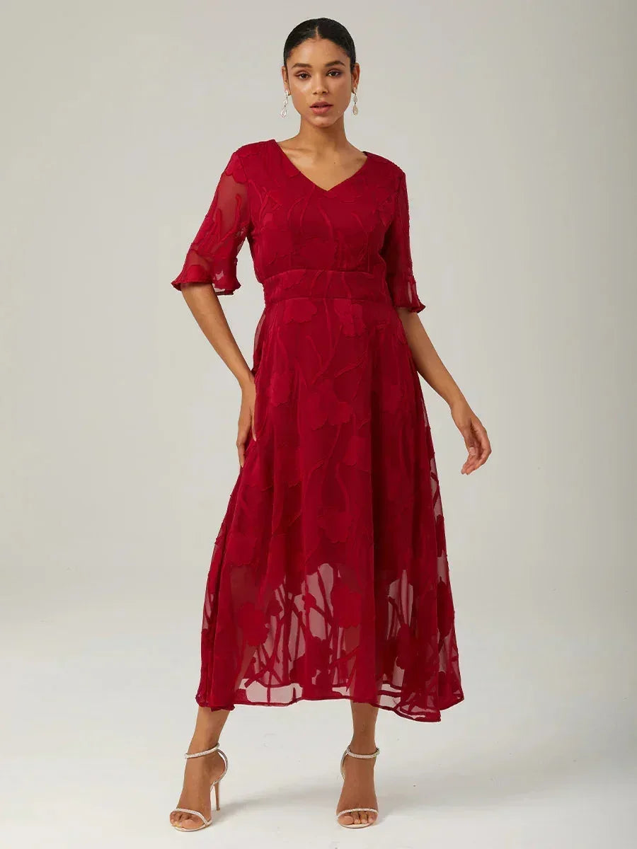 lace up ruffle maxi dress Lace Midi Dress Semi Sheer Floral Formal Navy Blue Black Green V Neck Short Flare Sleeve Wedding Guest Cocktail Party Over 50, Red / S