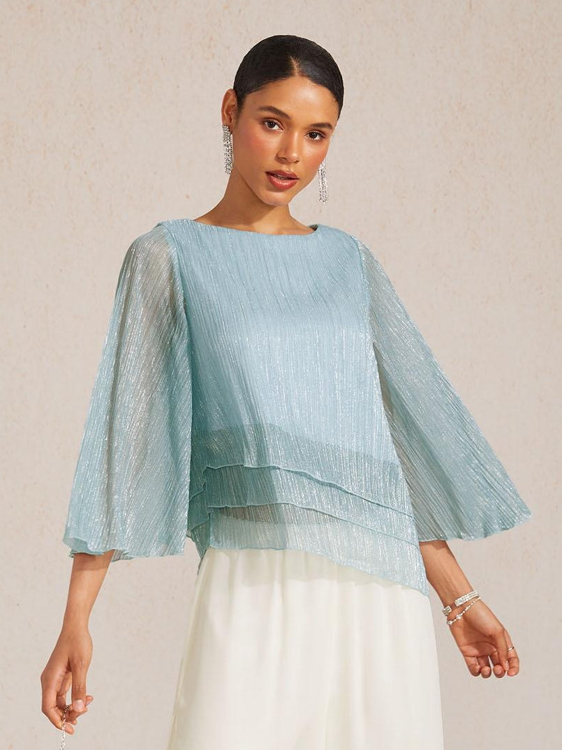 Metallic Pleated Chiffon Asymmetrical Layered Blouse