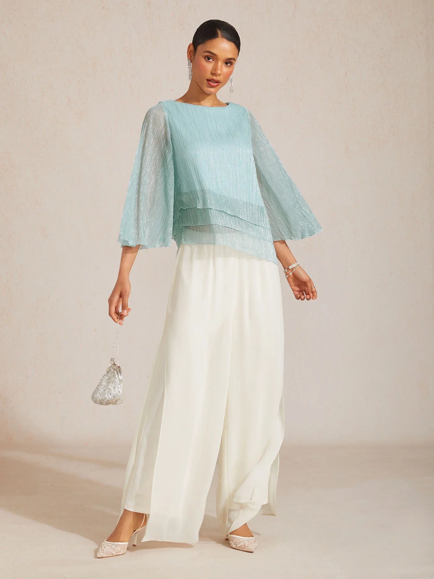 Metallic Pleated Chiffon Asymmetrical Layered Blouse