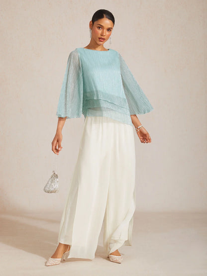 Metallic Pleated Chiffon Asymmetrical Layered Blouse