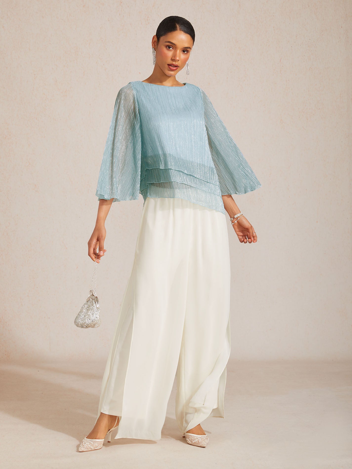 Metallic Pleated Chiffon Asymmetrical Layered Blouse