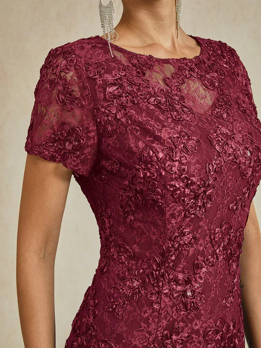 Vestido línea A con encaje roseta y adornos de lentejuelas