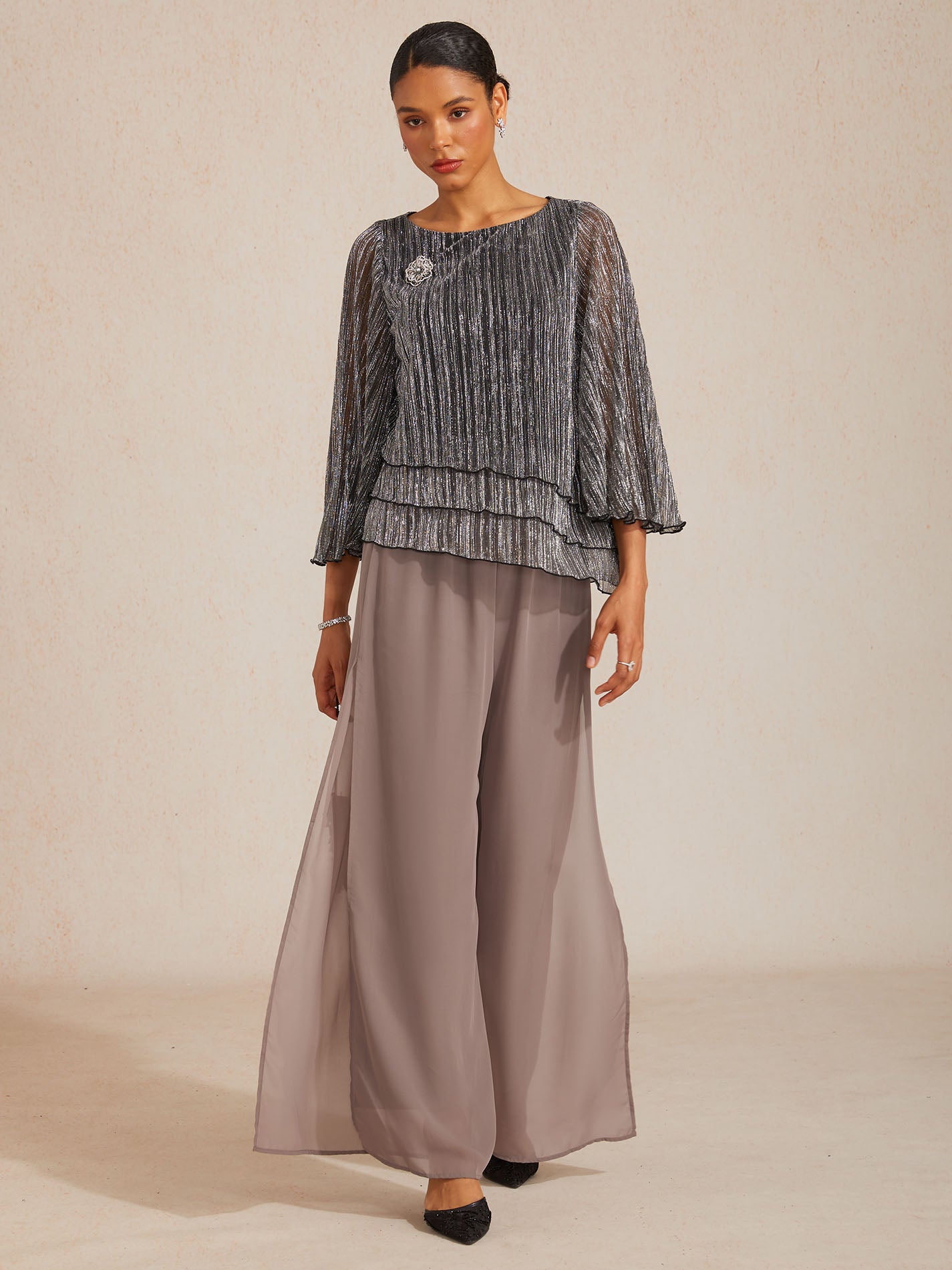 Metallic Pleated Chiffon Asymmetrical Layered Blouse
