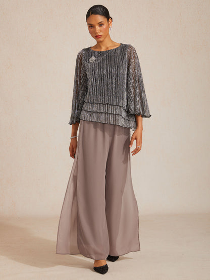 Metallic Pleated Chiffon Asymmetrical Layered Blouse