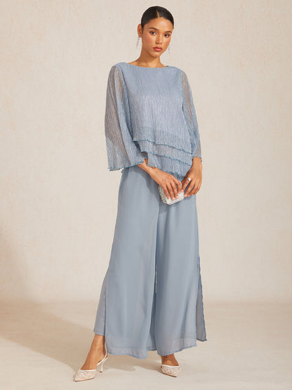 Metallic Pleated Chiffon Asymmetrical Layered Blouse