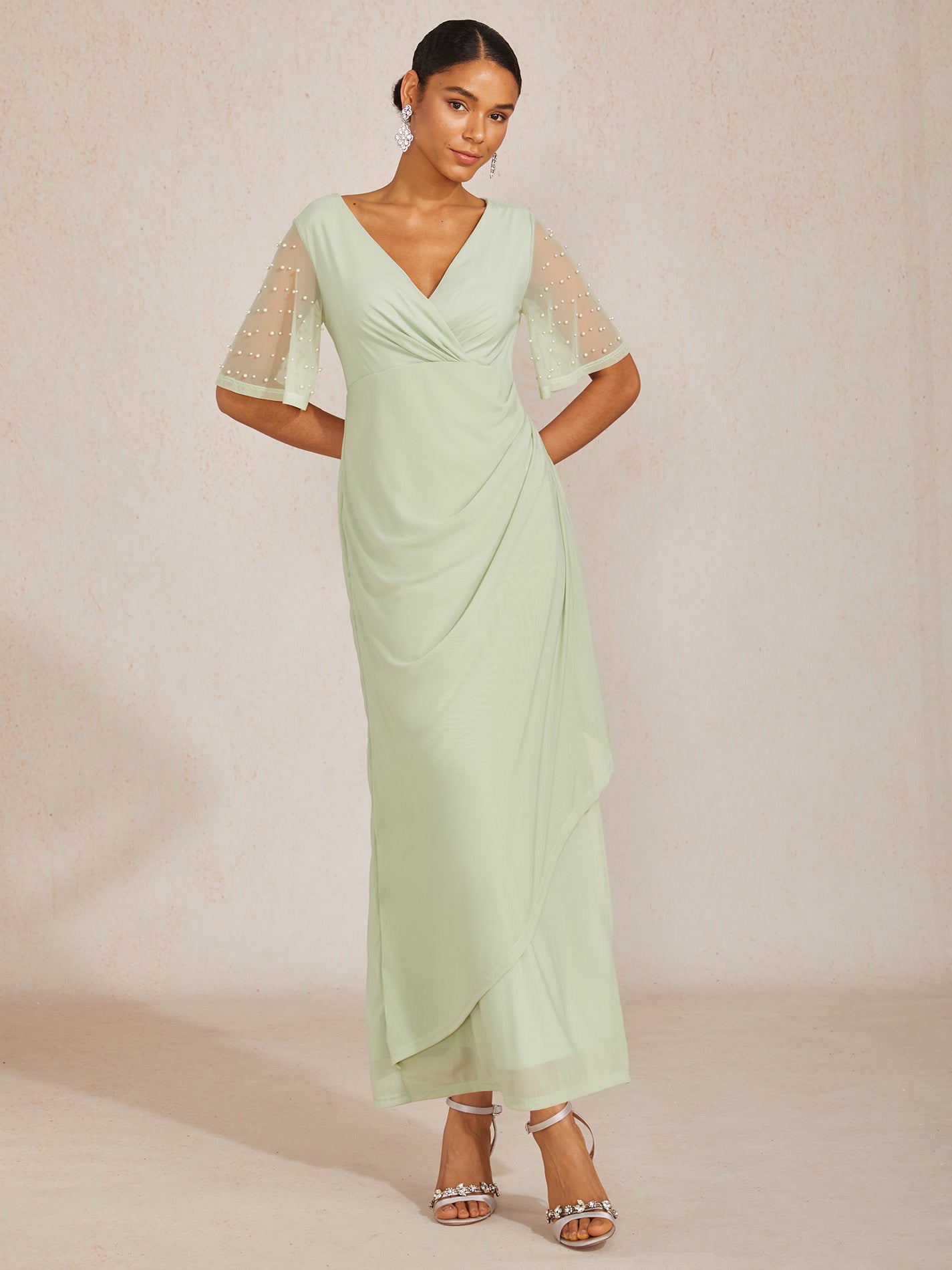 Elegant Formal Dress with Embellished Flutter Sleeves