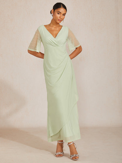 Elegant Formal Dress with Embellished Flutter Sleeves