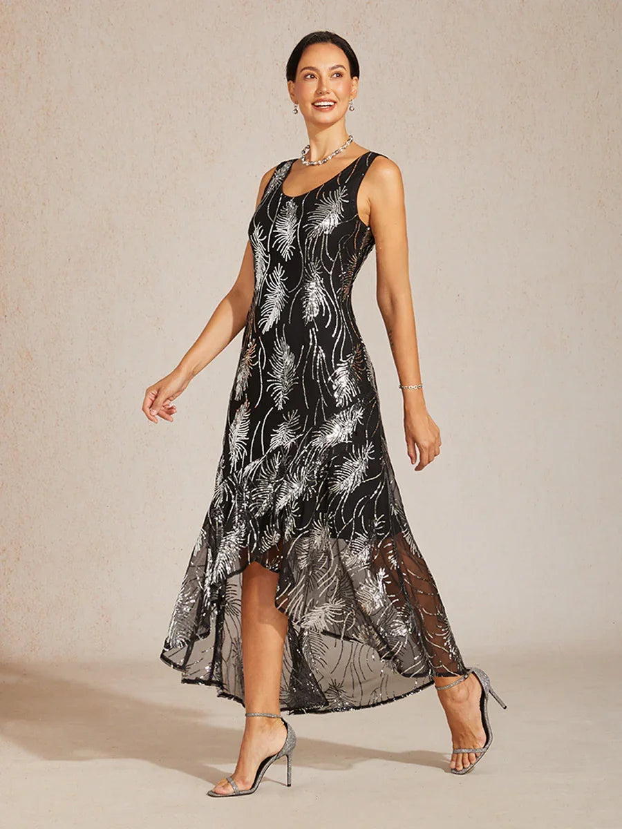 High Low Sleeveless Dress Black Silver Formal Dinner Special Occasion Sequin Feather Pattern Mesh Ruffle Hem Elegant Gown, Black / S