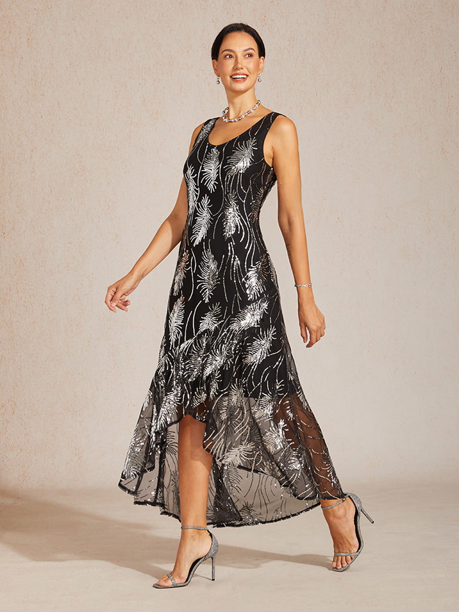 Sleeveless A-Line Maxi Dress with Mesh Sequin