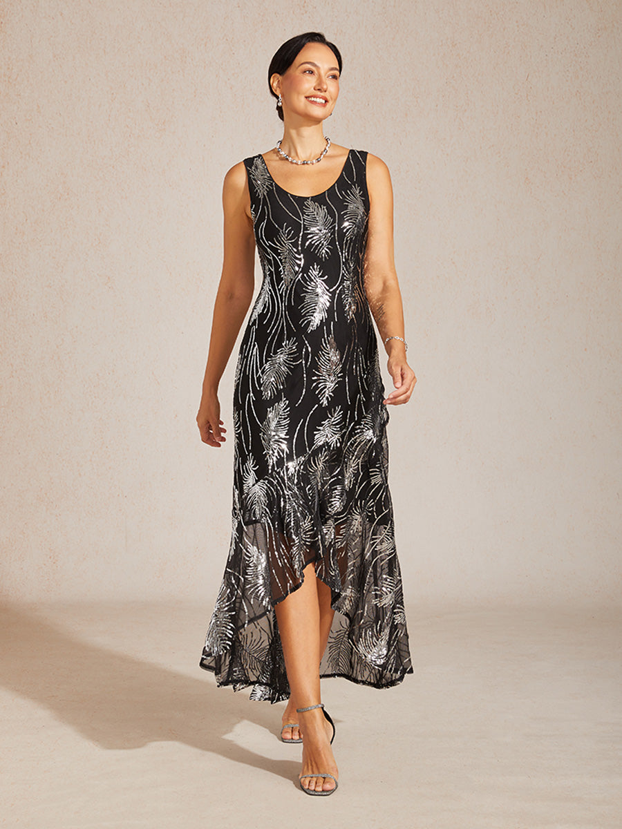 Sleeveless A-Line Maxi Dress with Mesh Sequin