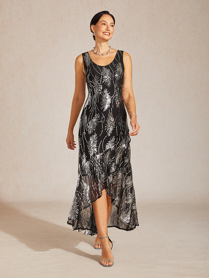 Sleeveless A-Line Maxi Dress with Mesh Sequin
