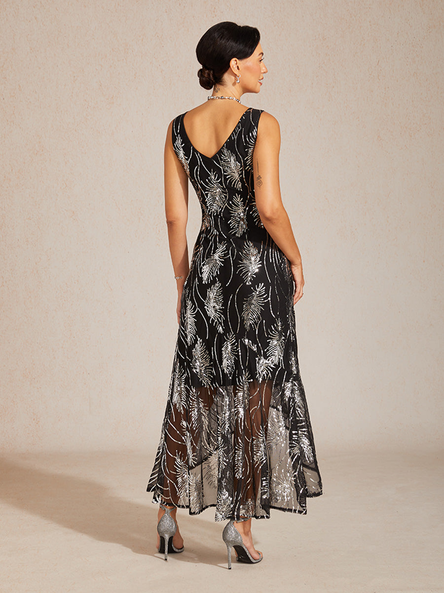 Sleeveless A-Line Maxi Dress with Mesh Sequin