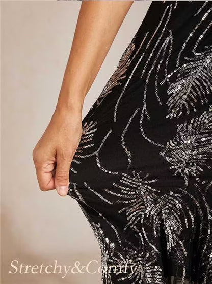 Sleeveless A-Line Maxi Dress with Mesh Sequin