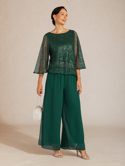 Haut Superposé en Mesh à Manches Cloche et Sequins