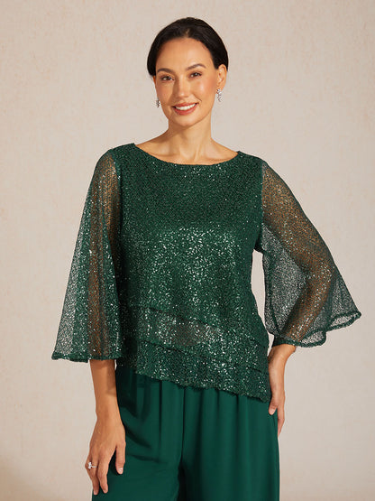Bell Sleeves Mesh Sequin Layered Top