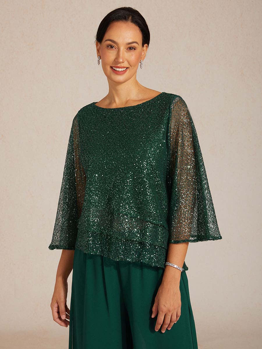 Haut Superposé en Mesh à Manches Cloche et Sequins
