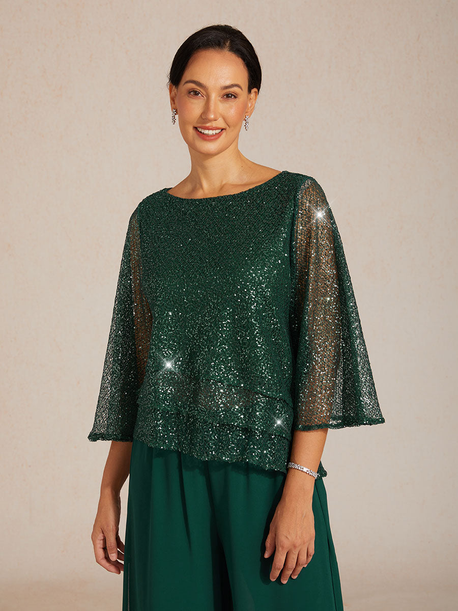 Haut Superposé en Mesh à Manches Cloche et Sequins