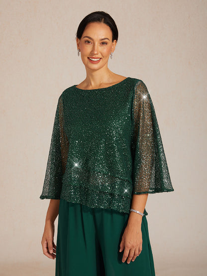 Haut Superposé en Mesh à Manches Cloche et Sequins
