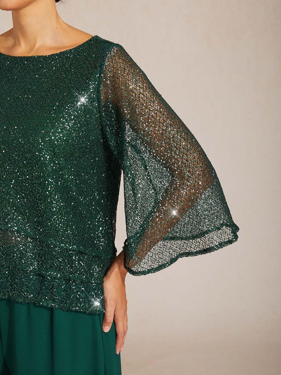 Haut Superposé en Mesh à Manches Cloche et Sequins