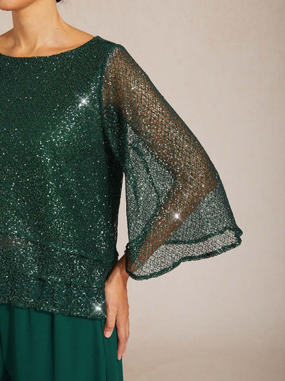 Haut Superposé en Mesh à Manches Cloche et Sequins