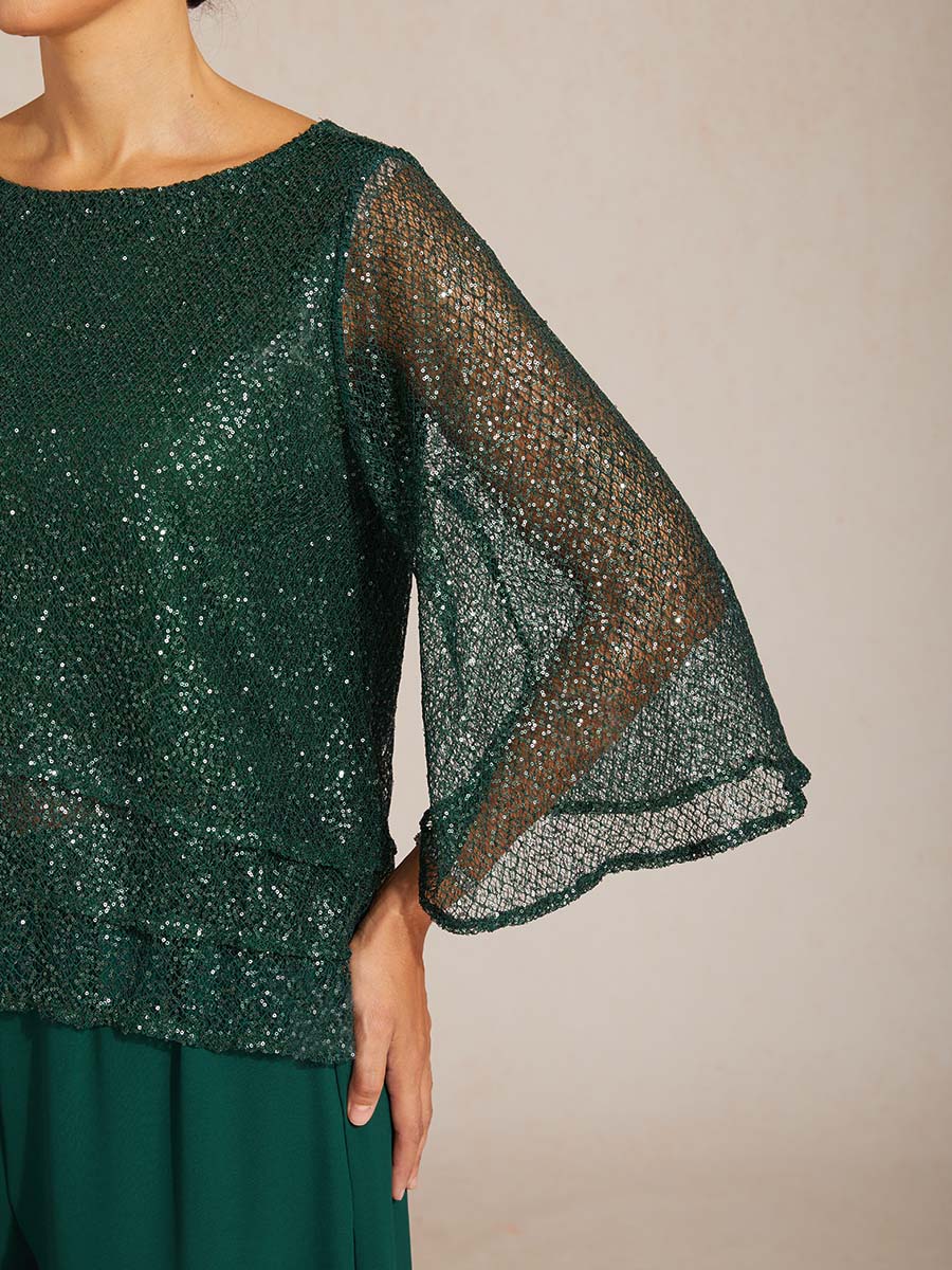 Haut Superposé en Mesh à Manches Cloche et Sequins
