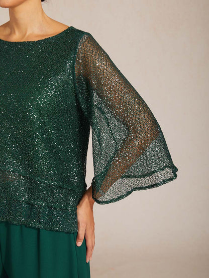 Haut Superposé en Mesh à Manches Cloche et Sequins
