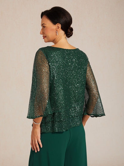 Haut Superposé en Mesh à Manches Cloche et Sequins