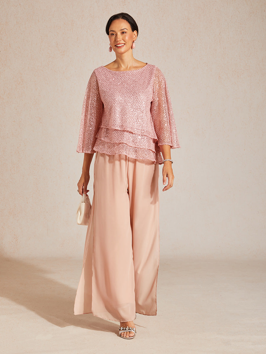 Haut Superposé en Mesh à Manches Cloche et Sequins