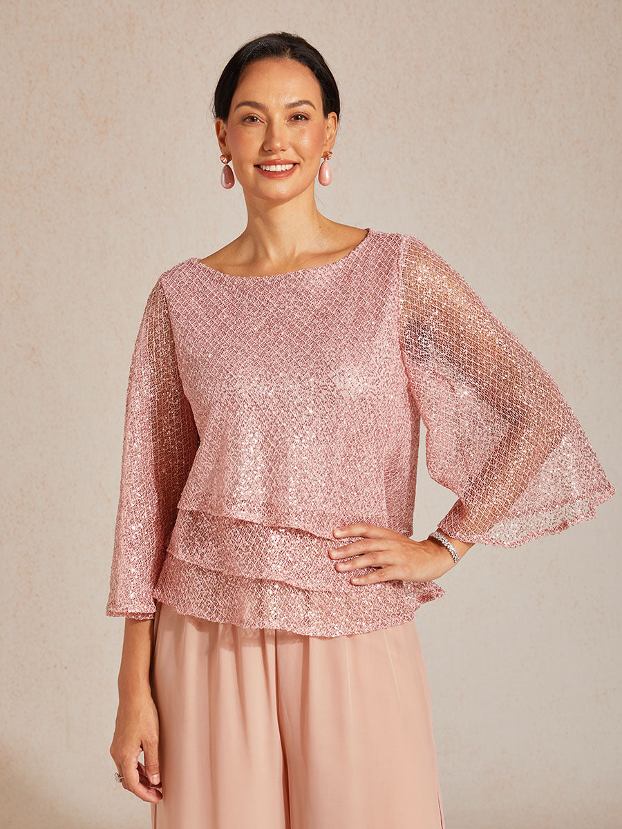Haut Superposé en Mesh à Manches Cloche et Sequins