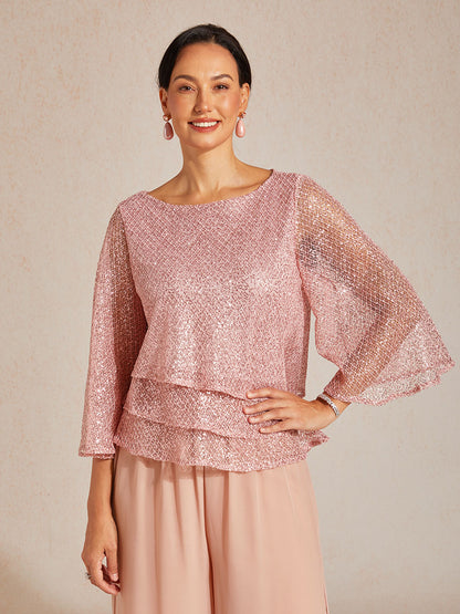 Haut Superposé en Mesh à Manches Cloche et Sequins