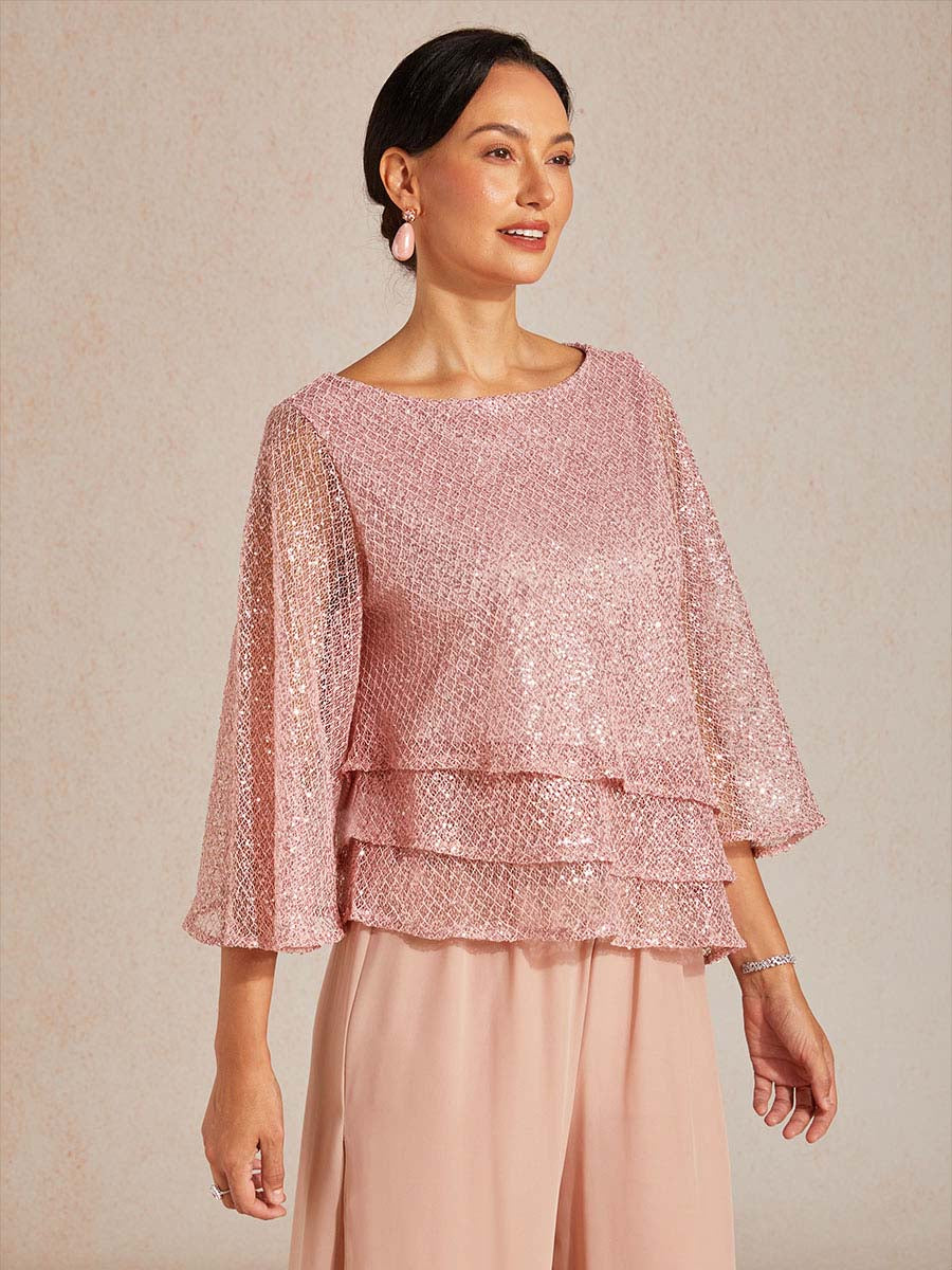 Haut Superposé en Mesh à Manches Cloche et Sequins