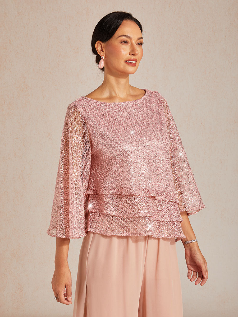 Haut Superposé en Mesh à Manches Cloche et Sequins