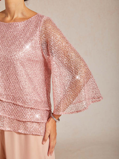 Haut Superposé en Mesh à Manches Cloche et Sequins