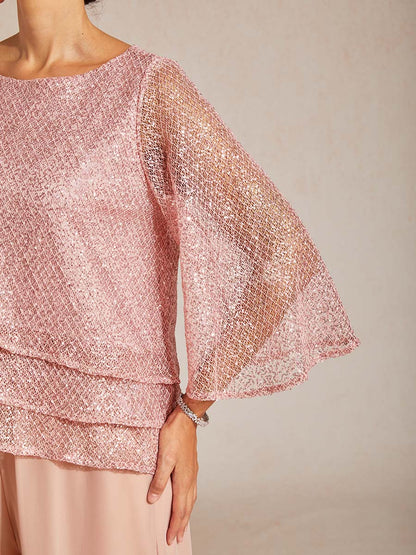 Haut Superposé en Mesh à Manches Cloche et Sequins