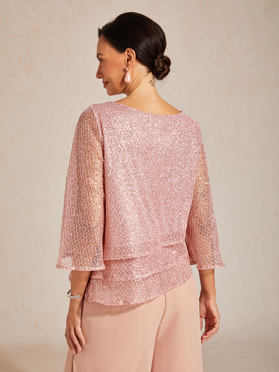 Haut Superposé en Mesh à Manches Cloche et Sequins