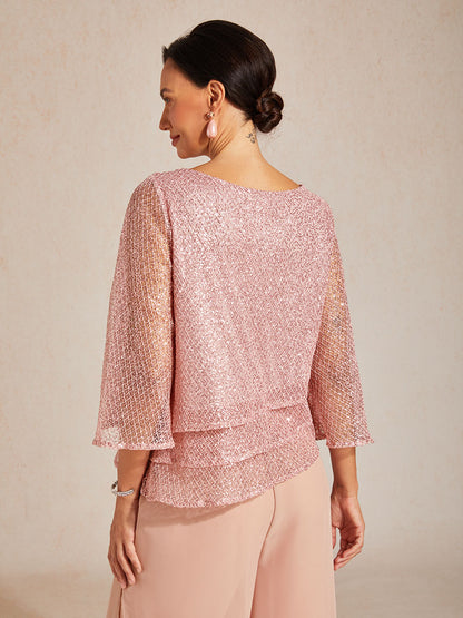 Haut Superposé en Mesh à Manches Cloche et Sequins